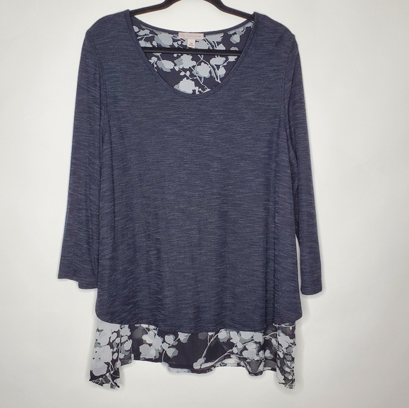 Layered Tiered Floral Hem Tunic Size 2X Mixed Media Knit Pullover Scoop Neck Top - Picture 11 of 11